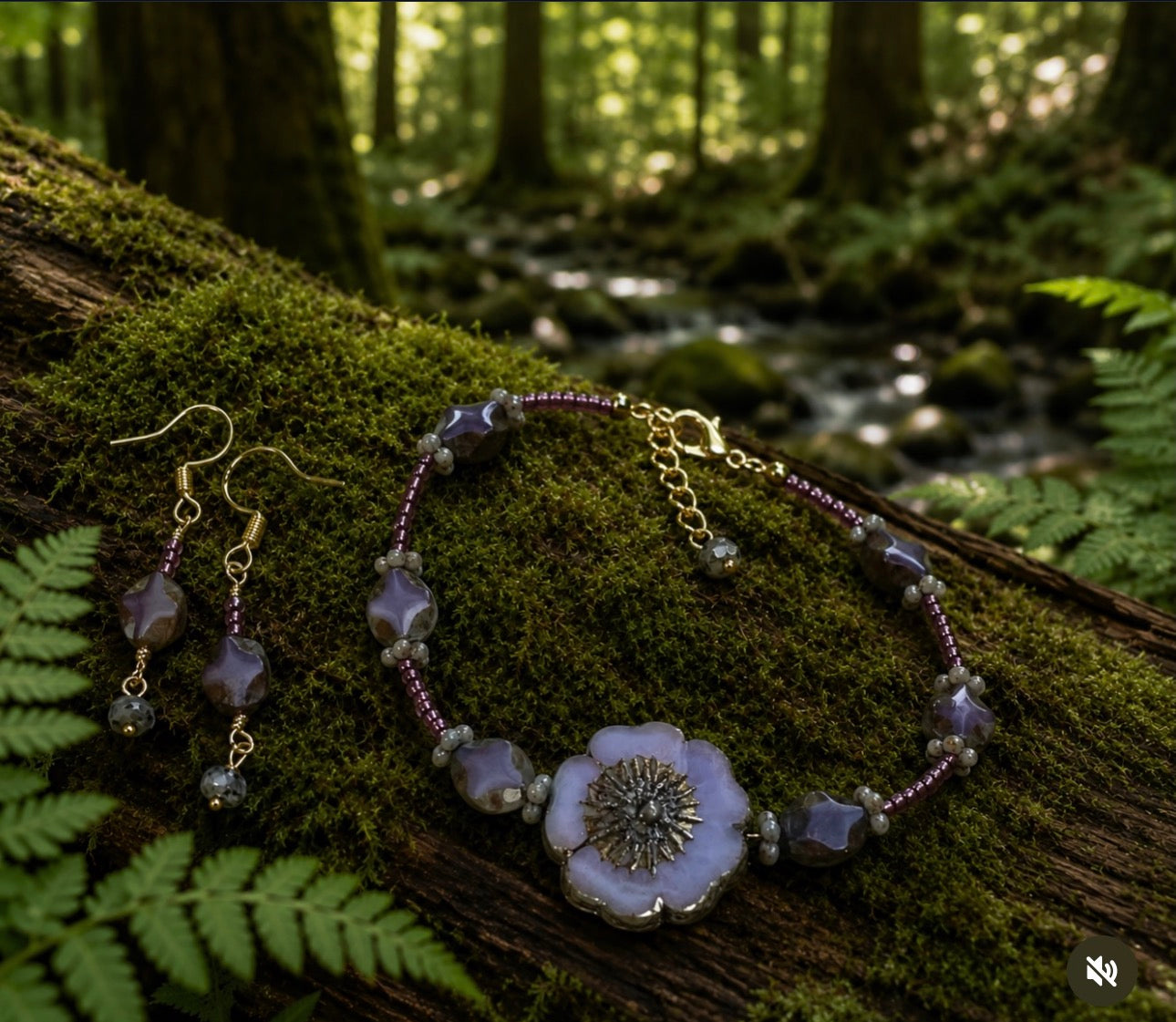 Twilight Flower Beaded Bracelet & Earrings Jewelry Set