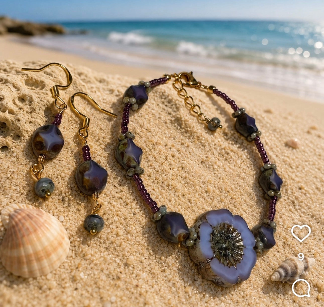 Twilight Flower Beaded Bracelet & Earrings Jewelry Set
