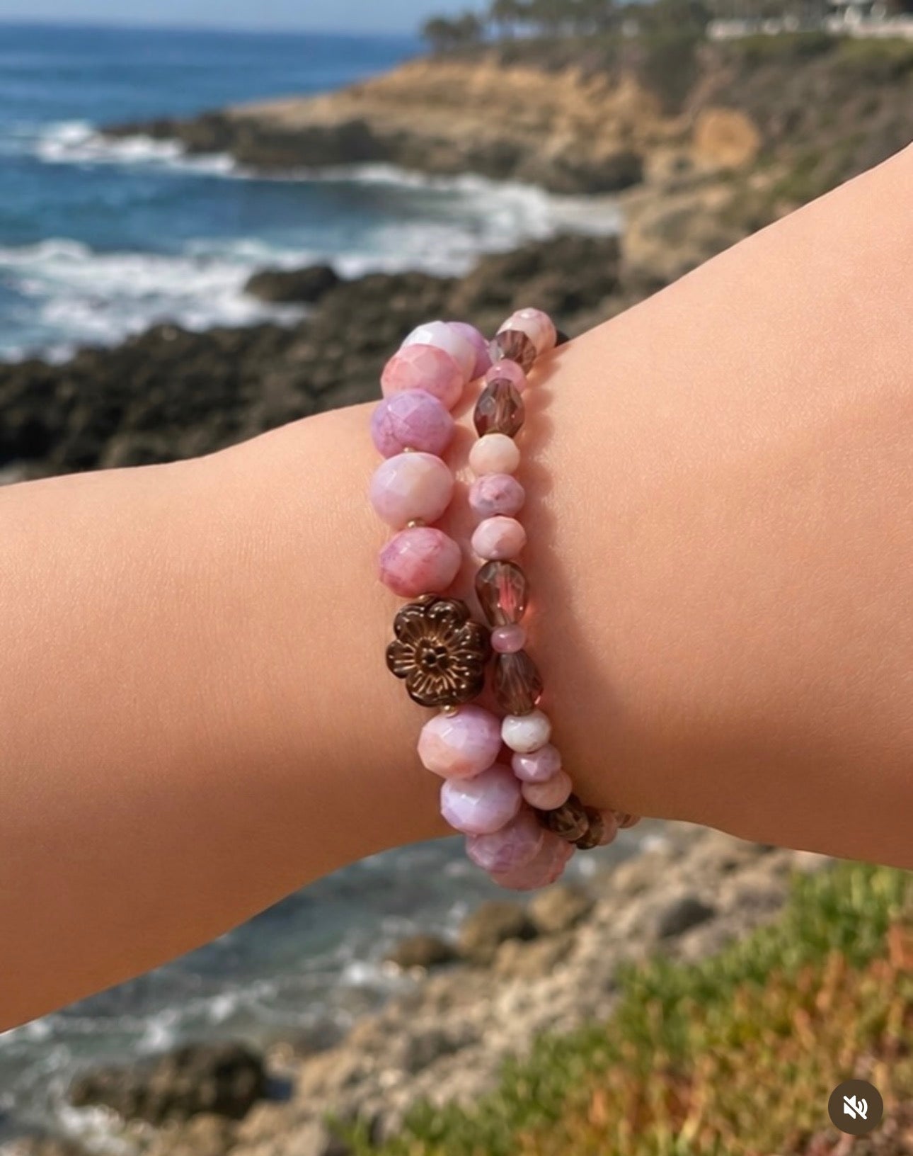 Pink Coral Amethyst Glass Beaded Bracelet
