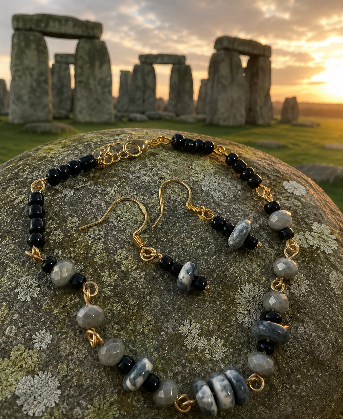 Stonehenge inspired Beaded Bracelet & Earrings
